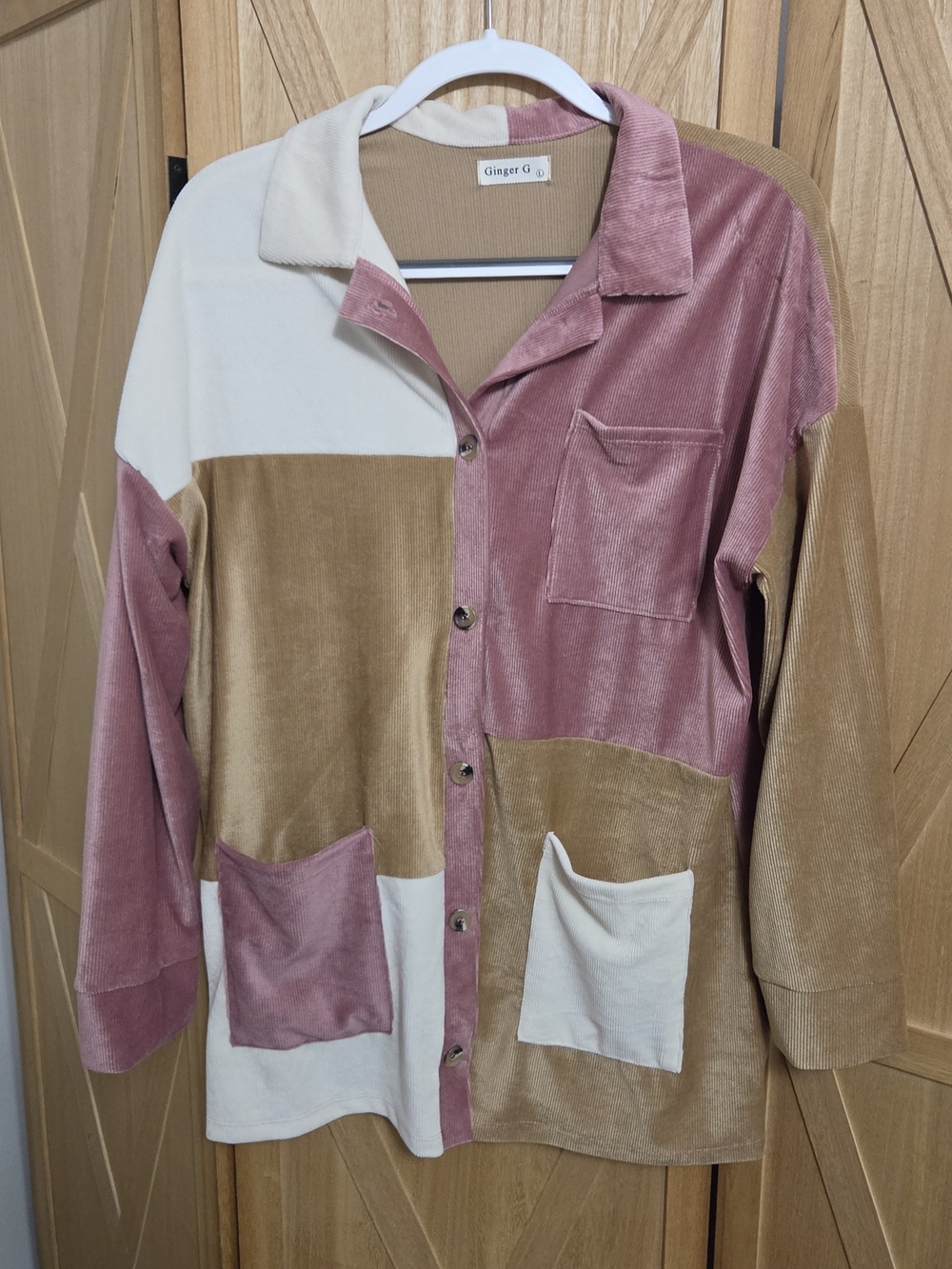 Ginger G Colorblock Velvety Button-Up Jacket - Pink, Tan, Cream